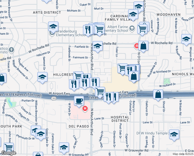 map of restaurants, bars, coffee shops, grocery stores, and more near 2302 North MacArthur Boulevard in Irving