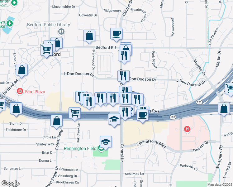 map of restaurants, bars, coffee shops, grocery stores, and more near 1903 Central Dr in Bedford