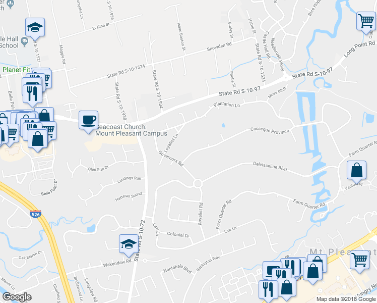 map of restaurants, bars, coffee shops, grocery stores, and more near 1018 Casseque Province in Mount Pleasant