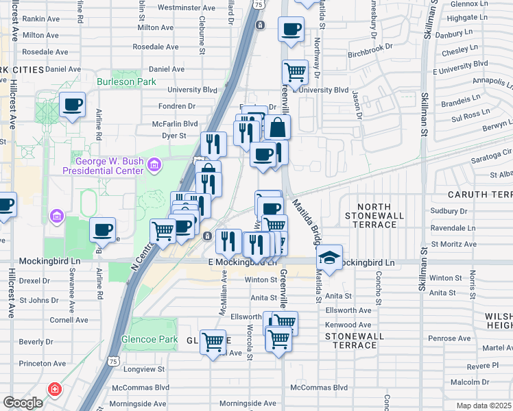 map of restaurants, bars, coffee shops, grocery stores, and more near University Crossing Trail in Dallas