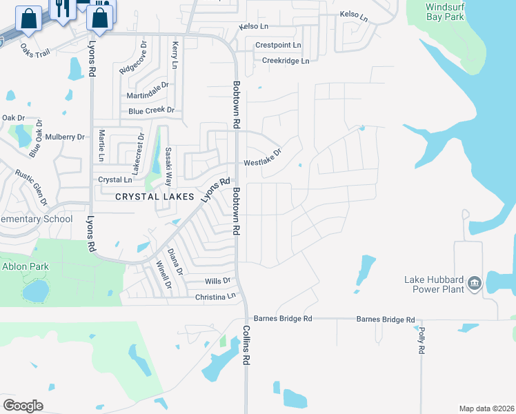 map of restaurants, bars, coffee shops, grocery stores, and more near 5427-5477 Bobtown Road in Garland
