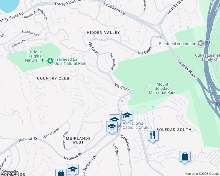 map of restaurants, bars, coffee shops, grocery stores, and more near 2092 Via Casa Alta in San Diego