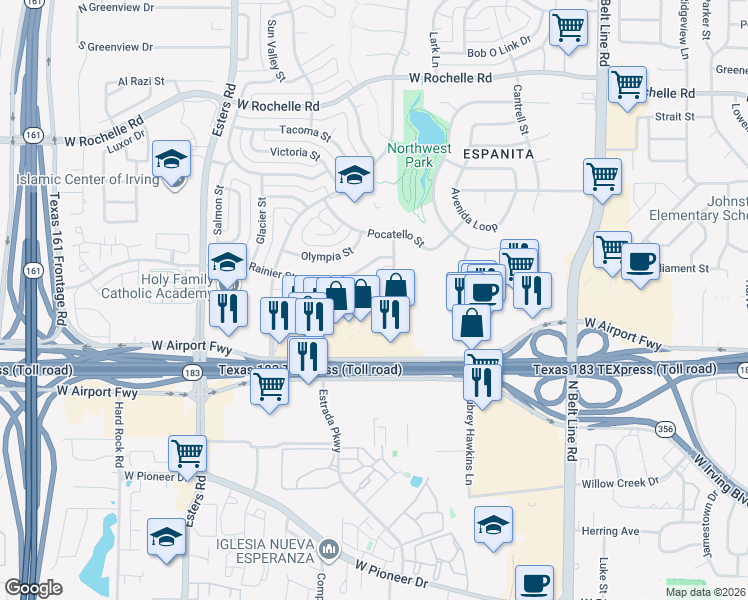 map of restaurants, bars, coffee shops, grocery stores, and more near 3810 Yellowstone Street in Irving