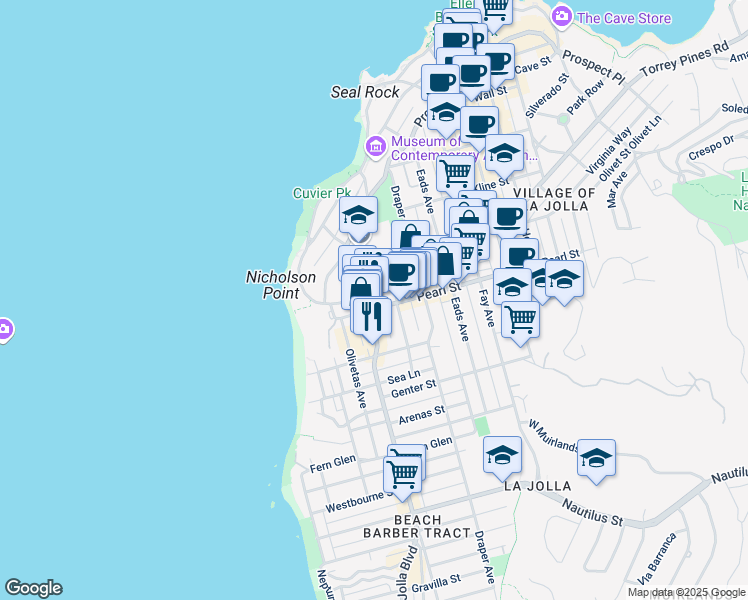 map of restaurants, bars, coffee shops, grocery stores, and more near 510 Pearl Street in San Diego