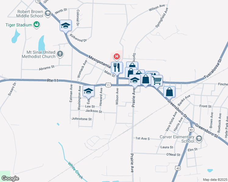 map of restaurants, bars, coffee shops, grocery stores, and more near 243 Wilson Avenue in Eutaw