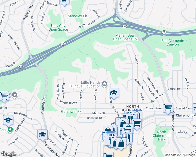 map of restaurants, bars, coffee shops, grocery stores, and more near 5157 Glasgow Drive in San Diego