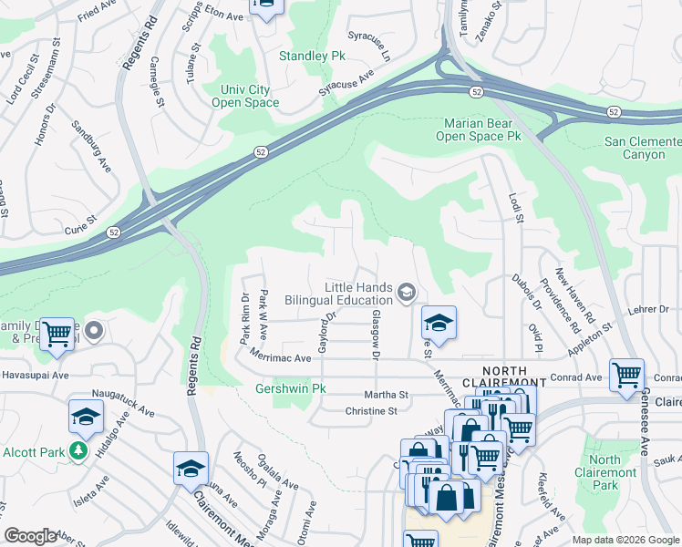 map of restaurants, bars, coffee shops, grocery stores, and more near 5150 Gaylord Drive in San Diego