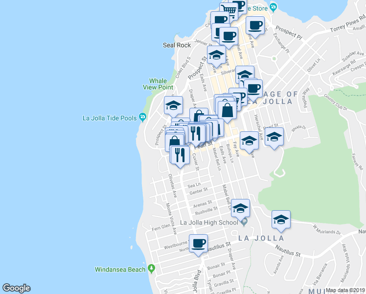 map of restaurants, bars, coffee shops, grocery stores, and more near 510 Pearl Street in San Diego