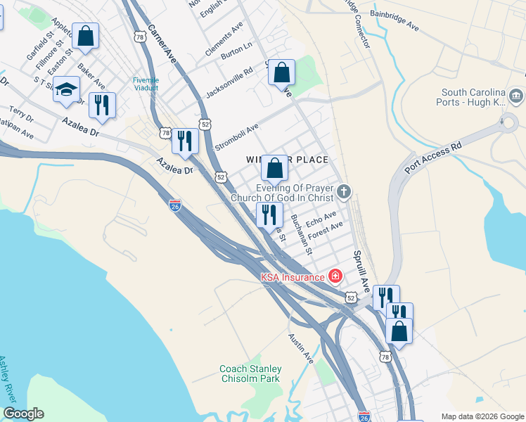 map of restaurants, bars, coffee shops, grocery stores, and more near 2430 Meeting Street Road in North Charleston