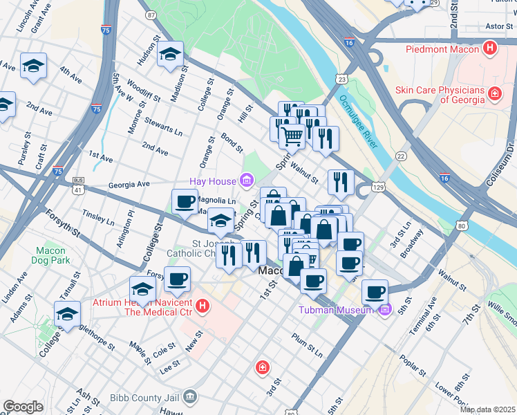 map of restaurants, bars, coffee shops, grocery stores, and more near 853 Spring Street Lane in Macon