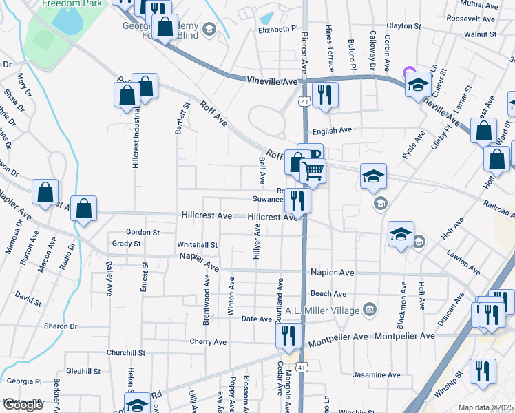 map of restaurants, bars, coffee shops, grocery stores, and more near 2706 Suwanee Avenue in Macon