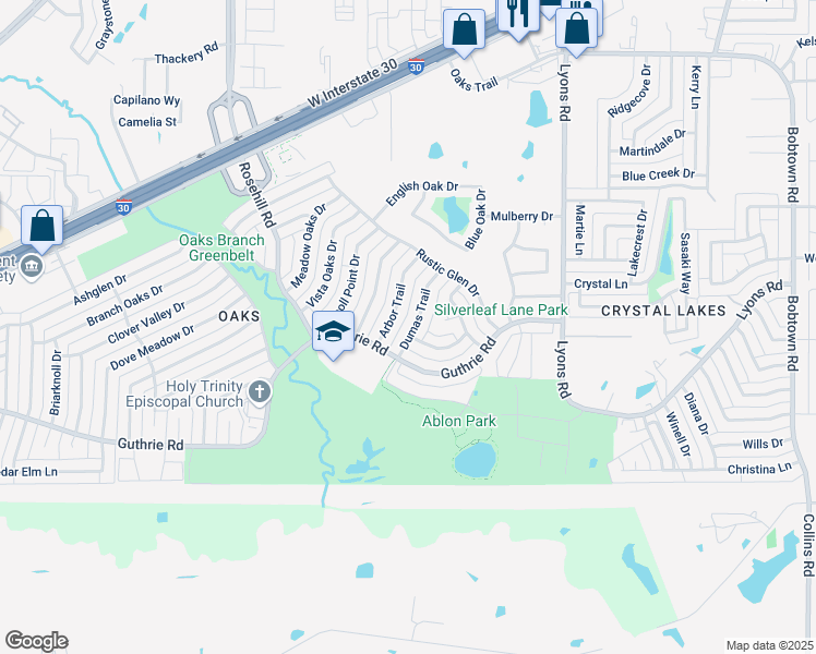 map of restaurants, bars, coffee shops, grocery stores, and more near 3518 Arbor Trail in Garland