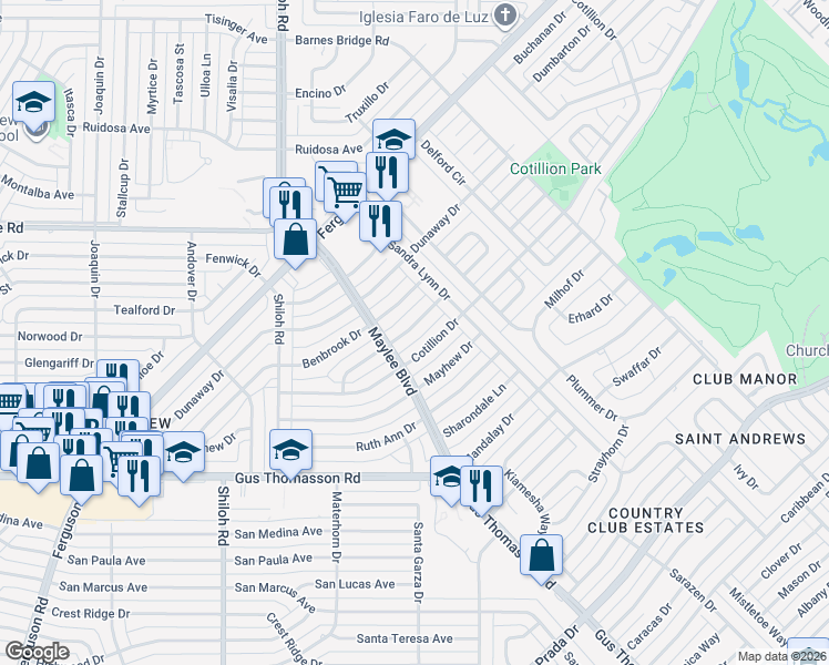 map of restaurants, bars, coffee shops, grocery stores, and more near 10841 Cotillion Drive in Dallas