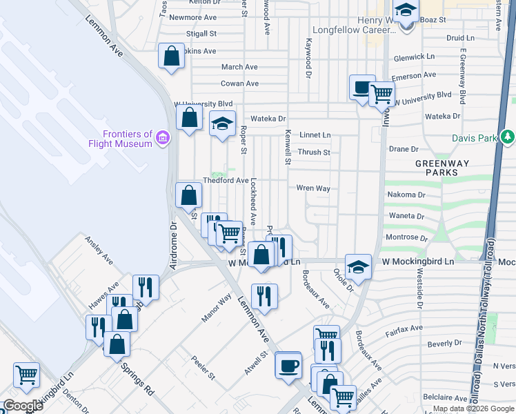 map of restaurants, bars, coffee shops, grocery stores, and more near 6632 Lockheed Avenue in Dallas