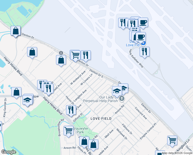 map of restaurants, bars, coffee shops, grocery stores, and more near 2615 Langdon Avenue in Dallas
