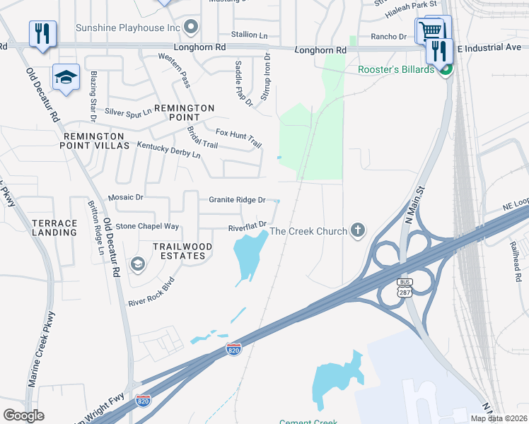 map of restaurants, bars, coffee shops, grocery stores, and more near 520 Riverflat Drive in Fort Worth
