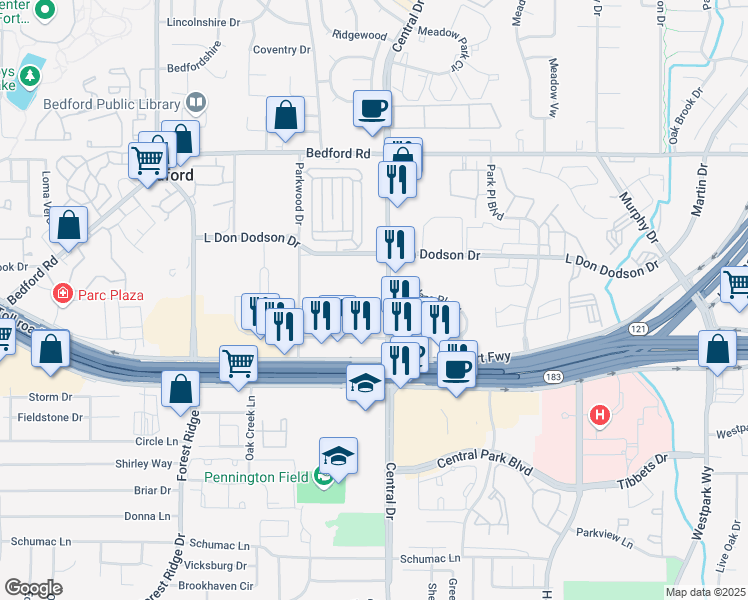map of restaurants, bars, coffee shops, grocery stores, and more near 1903 Central Drive in Bedford