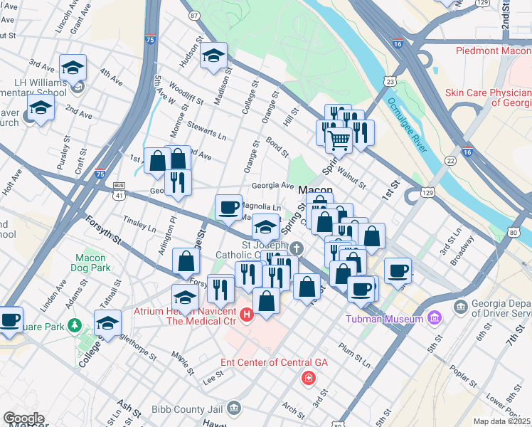 map of restaurants, bars, coffee shops, grocery stores, and more near 975 Magnolia Street in Macon