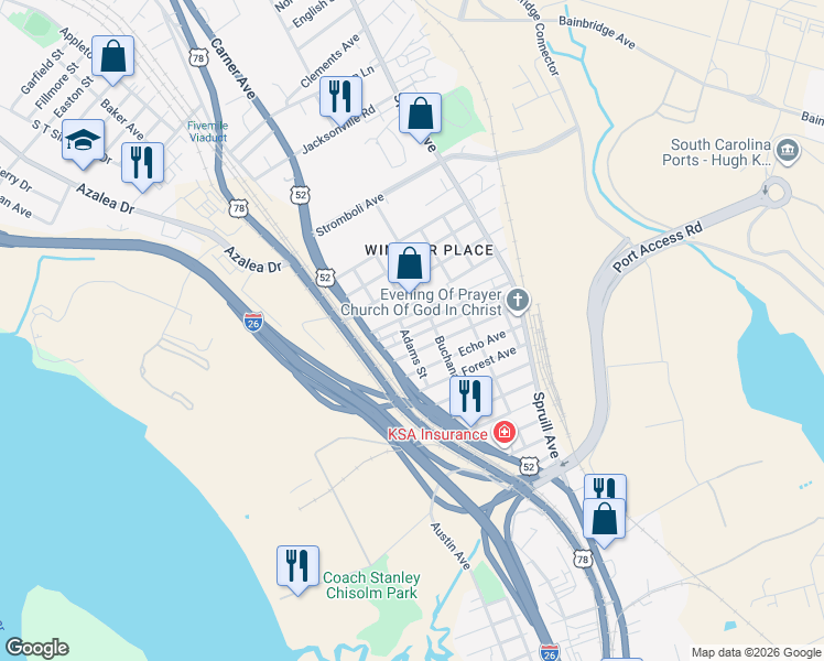 map of restaurants, bars, coffee shops, grocery stores, and more near 2049 Beech Avenue in North Charleston