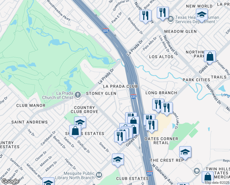 map of restaurants, bars, coffee shops, grocery stores, and more near 5444 Village Green Dr in Mesquite