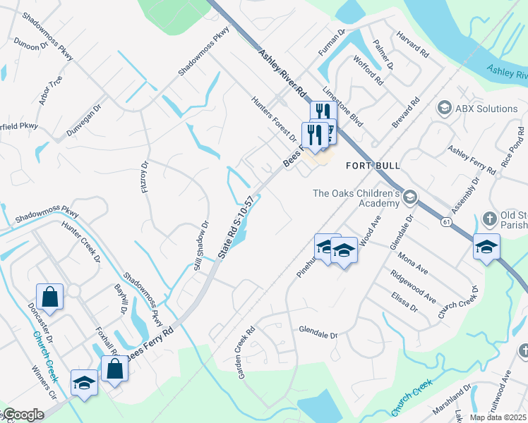 map of restaurants, bars, coffee shops, grocery stores, and more near 3075 Bees Ferry Road in Charleston
