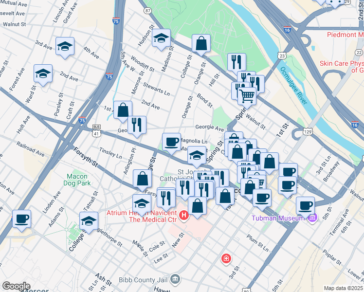map of restaurants, bars, coffee shops, grocery stores, and more near 1079 Magnolia Street in Macon