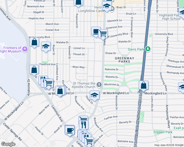 map of restaurants, bars, coffee shops, grocery stores, and more near 6711 Robin Road in Dallas