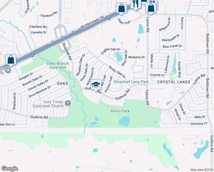 map of restaurants, bars, coffee shops, grocery stores, and more near 3518 Arbor Trail in Garland