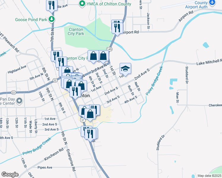 map of restaurants, bars, coffee shops, grocery stores, and more near 200 2nd Avenue South in Clanton