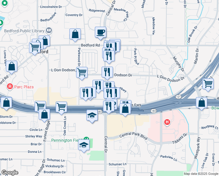 map of restaurants, bars, coffee shops, grocery stores, and more near 1912 Central Drive in Bedford