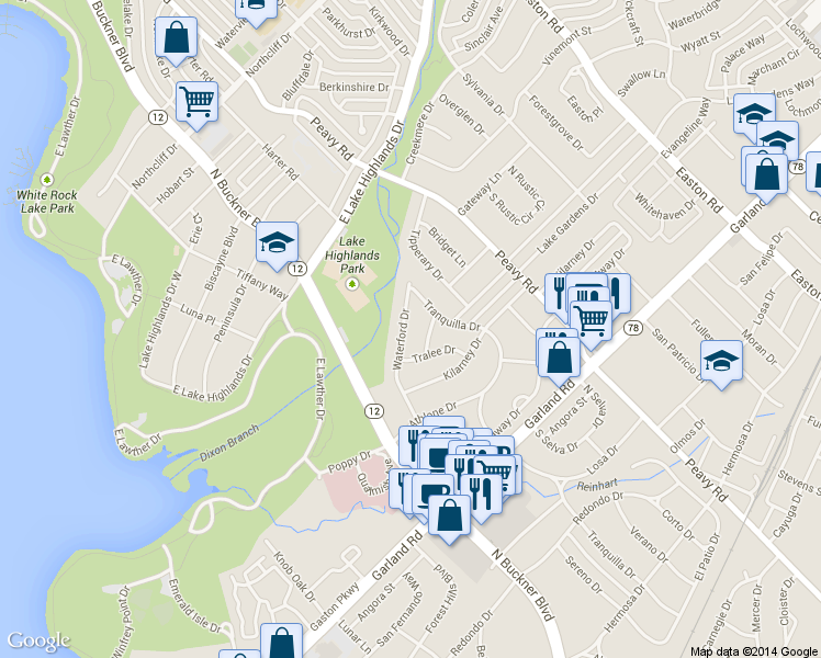 map of restaurants, bars, coffee shops, grocery stores, and more near 1042 Waterford Drive in Dallas