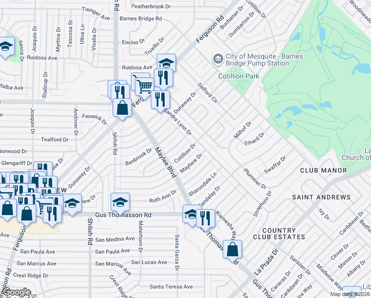 map of restaurants, bars, coffee shops, grocery stores, and more near 10841 Cotillion Drive in Dallas