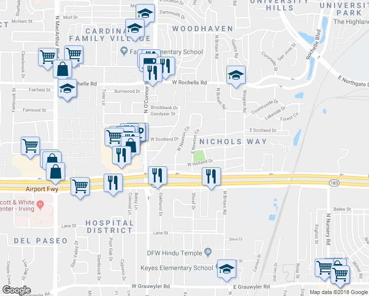 map of restaurants, bars, coffee shops, grocery stores, and more near 2400 West Newton Circle in Irving