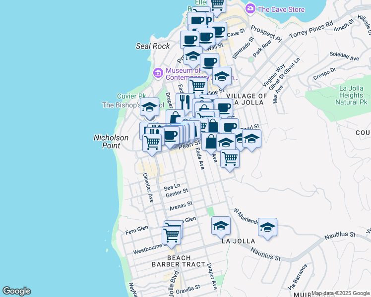 map of restaurants, bars, coffee shops, grocery stores, and more near 701 Pearl Street in San Diego