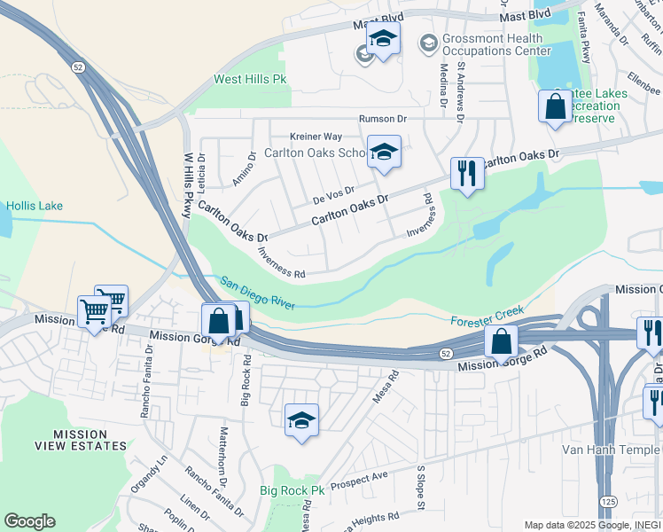 map of restaurants, bars, coffee shops, grocery stores, and more near 9102 Inverness Road in Santee