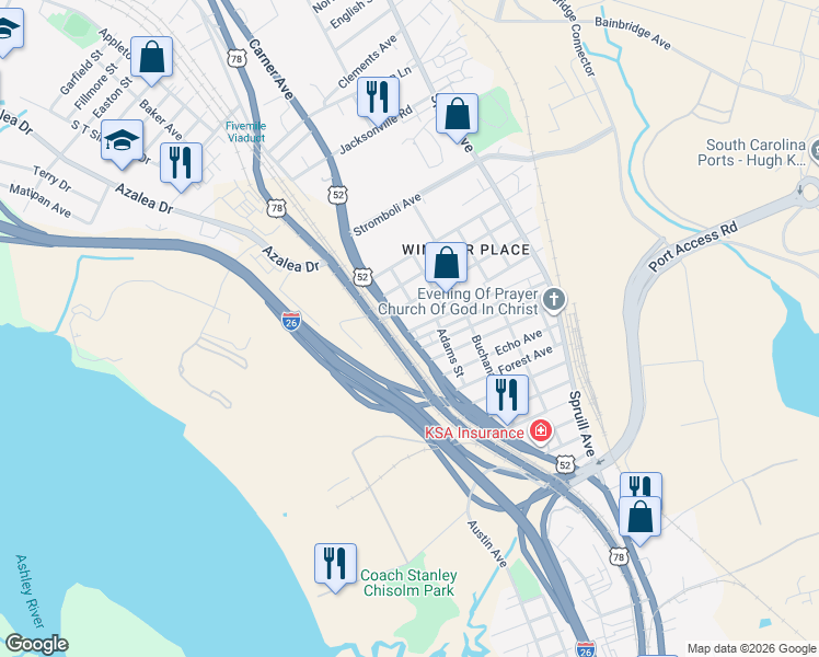 map of restaurants, bars, coffee shops, grocery stores, and more near 2430 Meeting Street Road in North Charleston