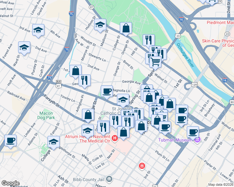 map of restaurants, bars, coffee shops, grocery stores, and more near 1079 Magnolia Street in Macon