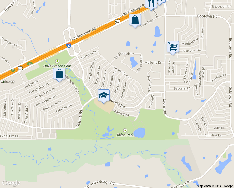 map of restaurants, bars, coffee shops, grocery stores, and more near 3518 Arbor Trail in Garland