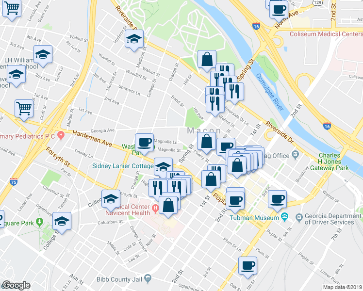 map of restaurants, bars, coffee shops, grocery stores, and more near 415 Spring Street in Macon