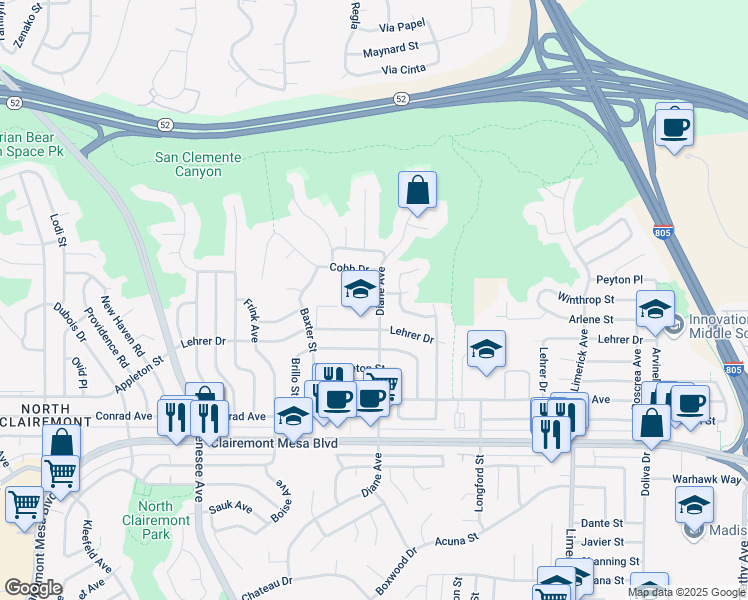 map of restaurants, bars, coffee shops, grocery stores, and more near 5142 Diane Avenue in San Diego