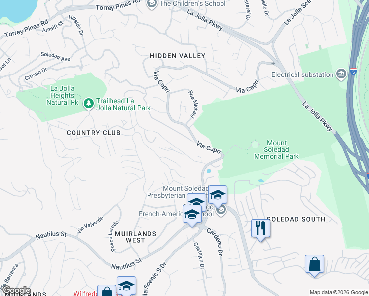 map of restaurants, bars, coffee shops, grocery stores, and more near 2082 Via Casa Alta in San Diego
