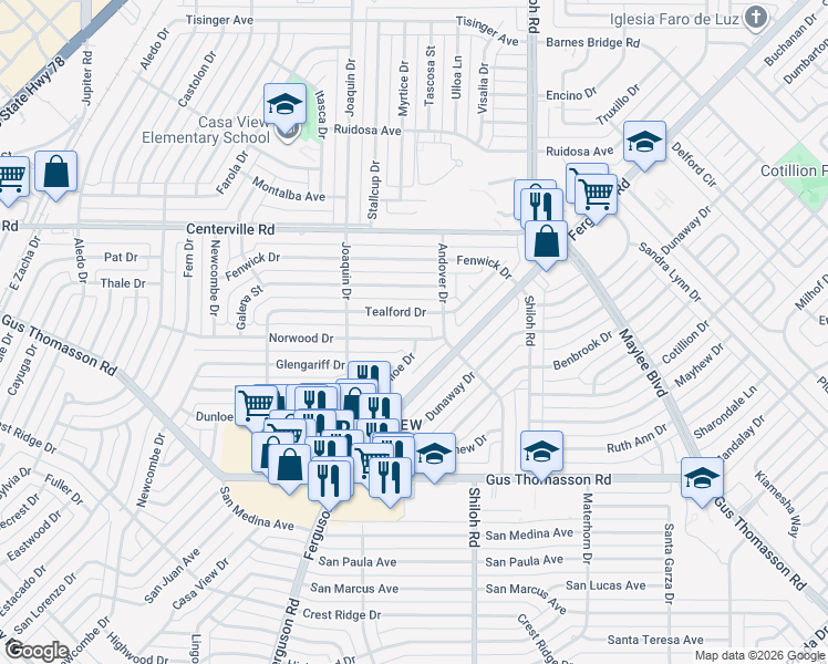 map of restaurants, bars, coffee shops, grocery stores, and more near 2537 Norwood Drive in Dallas
