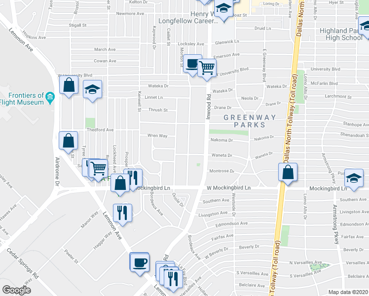 map of restaurants, bars, coffee shops, grocery stores, and more near 6711 Robin Road in Dallas