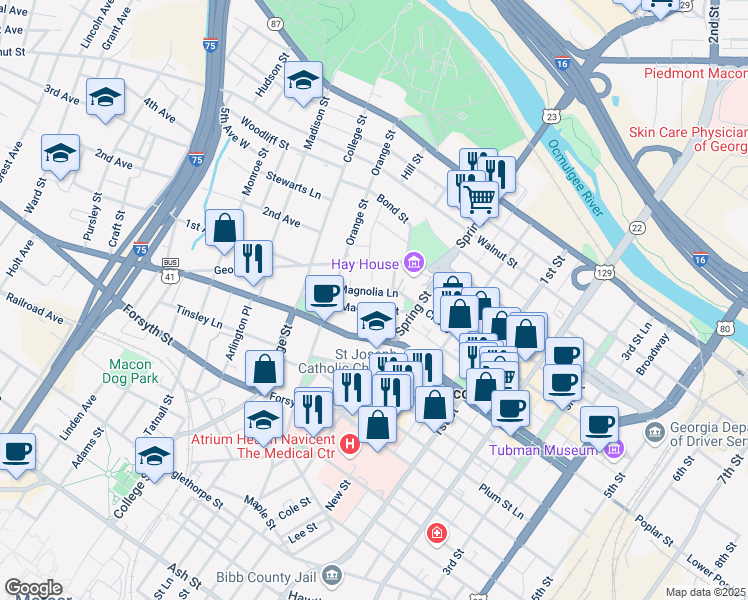 map of restaurants, bars, coffee shops, grocery stores, and more near 983 Magnolia Street in Macon