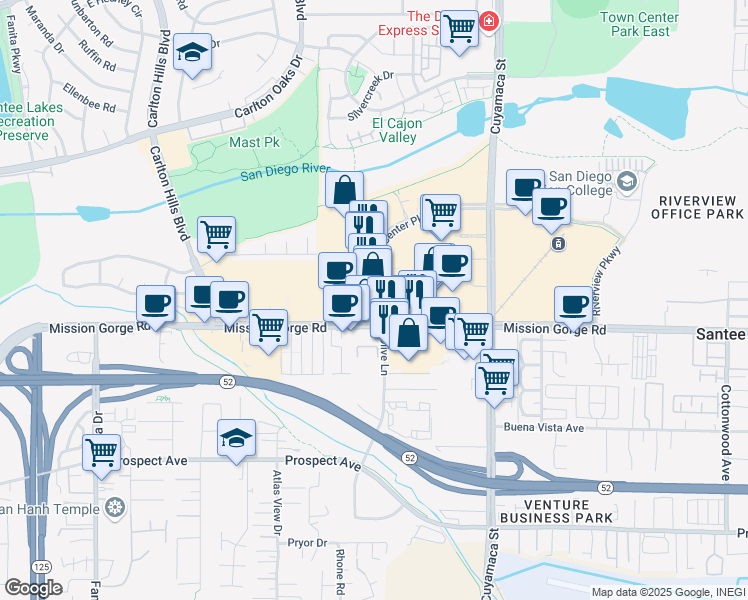 map of restaurants, bars, coffee shops, grocery stores, and more near 50 Town Center Parkway in Santee