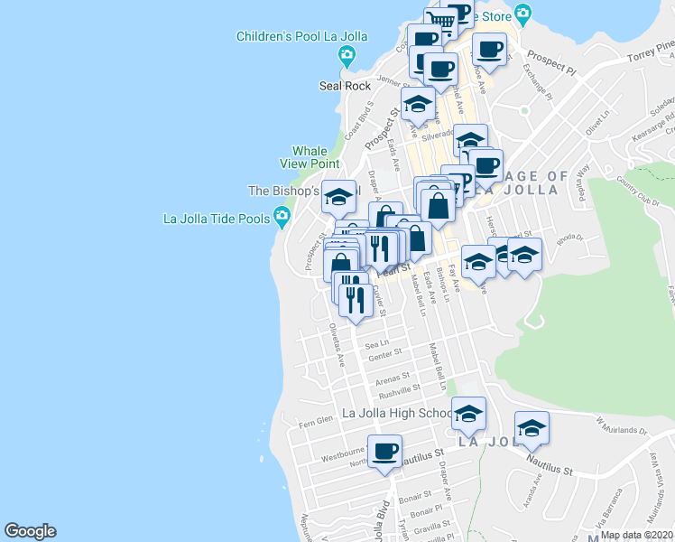 map of restaurants, bars, coffee shops, grocery stores, and more near 7522 La Jolla Boulevard in San Diego