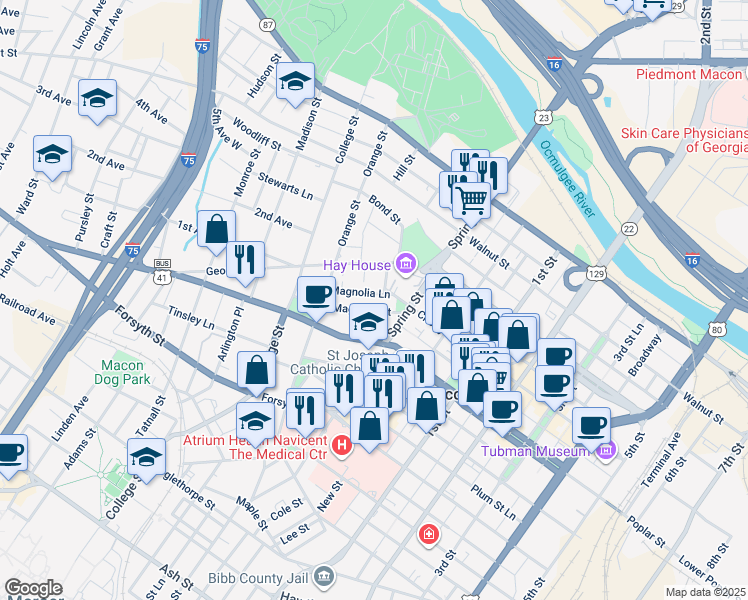 map of restaurants, bars, coffee shops, grocery stores, and more near 983 Magnolia Street in Macon