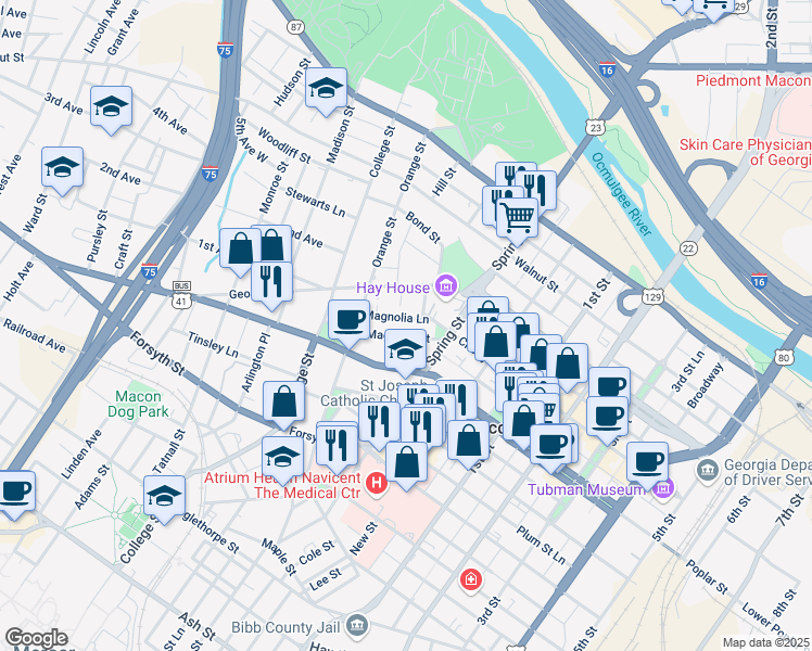 map of restaurants, bars, coffee shops, grocery stores, and more near 983 Magnolia Street in Macon