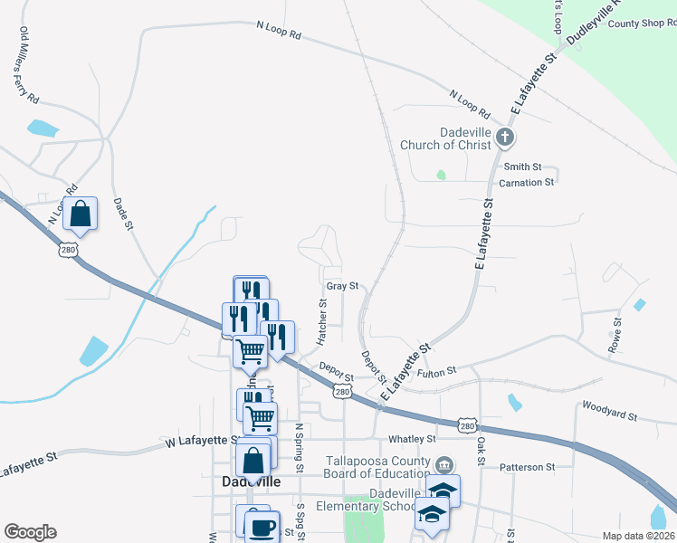 map of restaurants, bars, coffee shops, grocery stores, and more near 138 Main Street in Dadeville