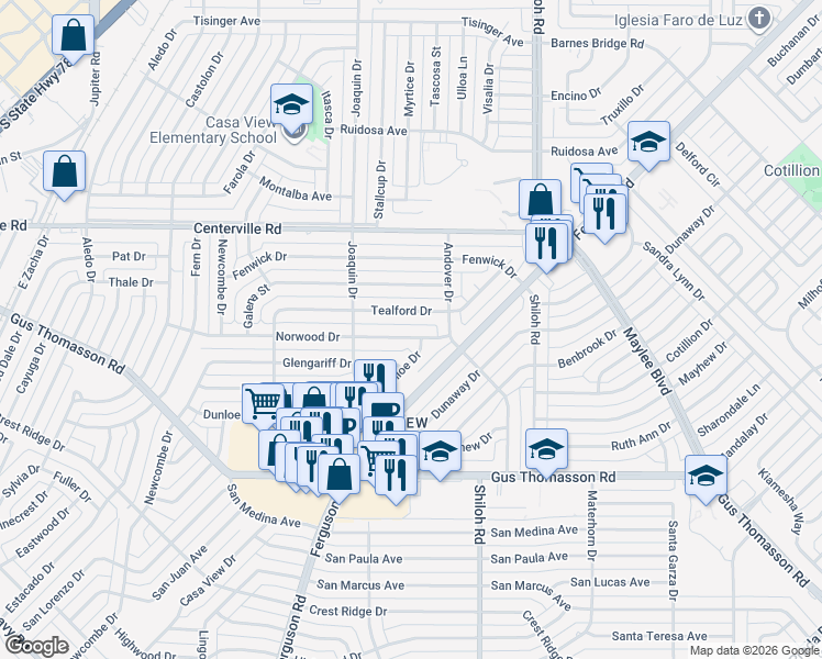 map of restaurants, bars, coffee shops, grocery stores, and more near 2537 Norwood Drive in Dallas